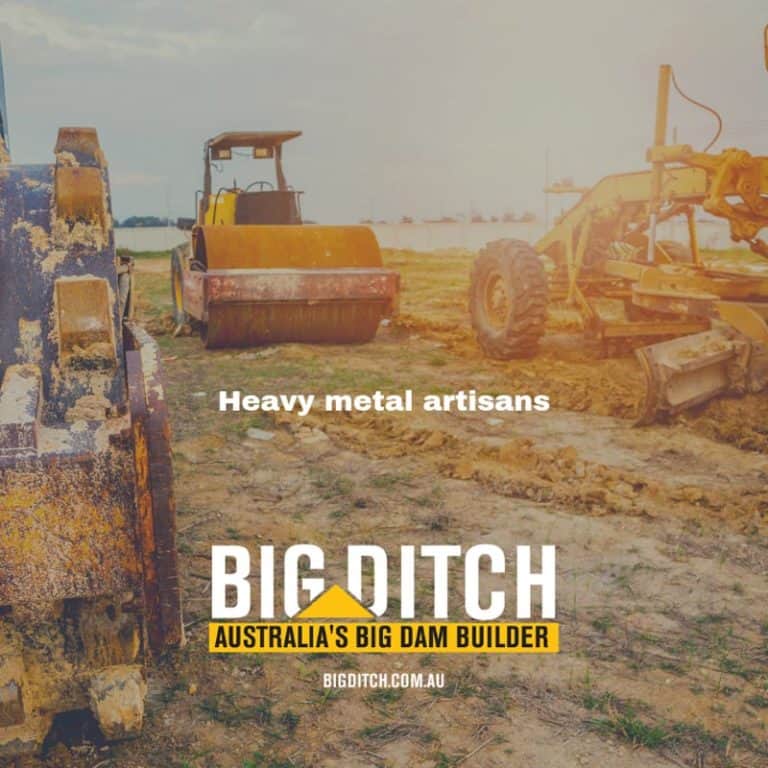 Heavy construction equipment by Big Ditch, Australia's big dam builder, showcasing expertise in dam construction and land management