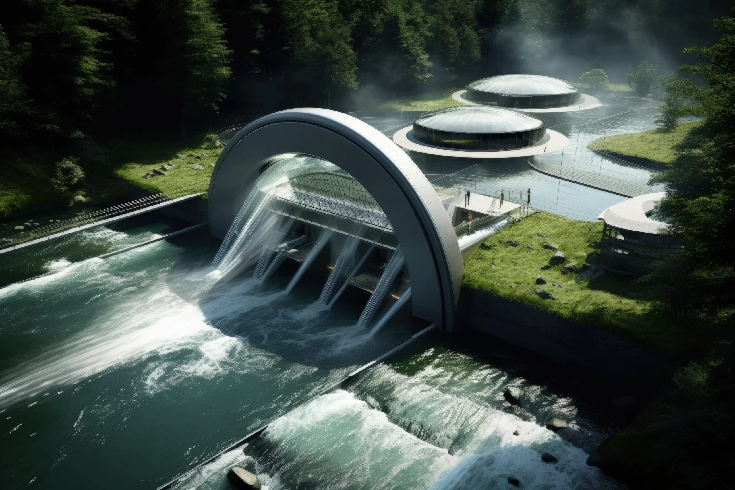 Modern hydroelectric dam with flowing water and green surroundings, featuring dam construction projects in melbourne.