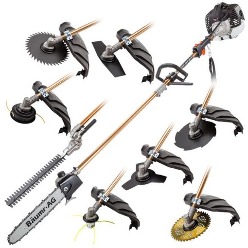 BAUMR-AG 65cc 9in1 Long Reach Garden Multi-tool, Pole Saw, Hedge & Line Trimmer, Brush Cutter, 12" Tree Trimming Pruning Chainsaw Bar, 2 Extension Shafts
