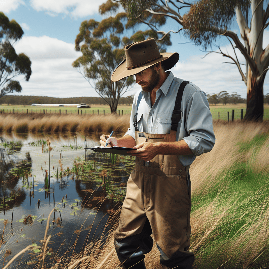A man in overalls and hat standing in front of a pond