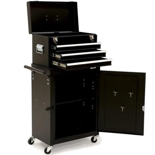 BULLET Pro 3 Drawer Tool Box Cabinet Trolley Storage, with 1-Door Toolbox Garage Organiser Set, Black