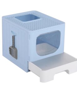 Cat Litter Box Large Tray Kitty Toilet Enclosed Hooded Foldable Cat Litter Box Scoop Blue