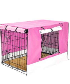 Wire Dog Cage Crate 42in with Tray + Cushion Mat + PINK Cover Combo
