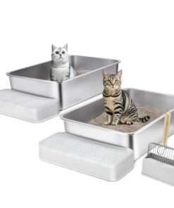 VEVOR Cat Litter Box, 152 mm Deep, XL Extra Large Stainless Steel Cat Litter Box with Scoop, Wide Filtering Foot Board & High Sides, Enclosed Odor-Fre