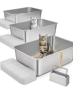 VEVOR Cat Litter Box, 203 mm Deep, XL Extra Large Stainless Steel Cat Litter Box with Scoop, Wide Filtering Foot Board & High Sides, Enclosed Odor-Fre