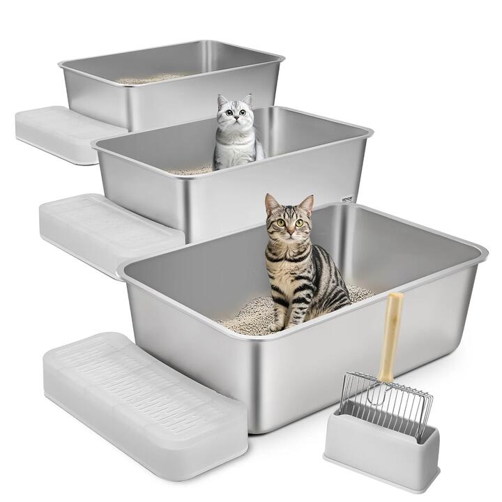 VEVOR Cat Litter Box, 203 mm Deep, XL Extra Large Stainless Steel Cat Litter Box with Scoop, Wide Filtering Foot Board & High Sides, Enclosed Odor-Fre