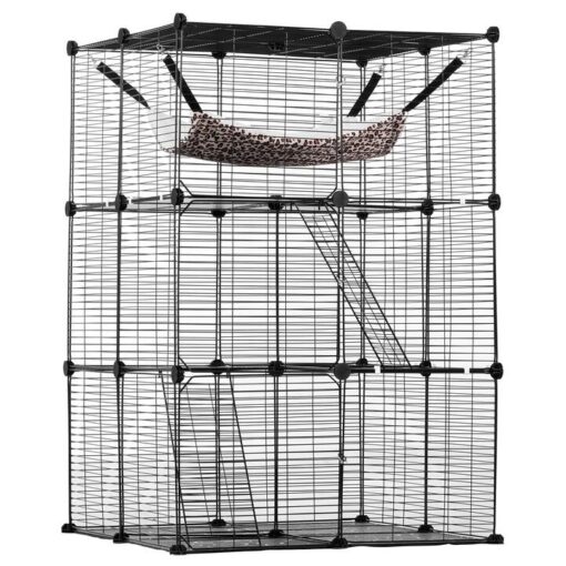VEVOR Large 3-tier Cat Cage, 28 x 28 x 41", DIY Detachable Metal Wire Durable Cat Enclosure, with Large Hammock 2 Ramp Ladders, Fit for Cats Exercise