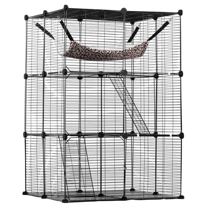 VEVOR Large 3-tier Cat Cage, 28 x 28 x 41", DIY Detachable Metal Wire Durable Cat Enclosure, with Large Hammock 2 Ramp Ladders, Fit for Cats Exercise
