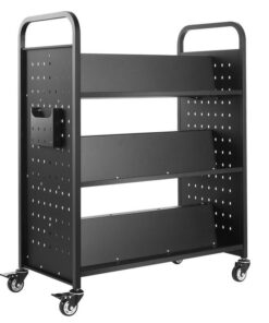VEVOR Rolling Library Book Cart, 150 kg Capacity, 97 x 51.5 x 122.5 cm Library Cart, Double Sided W-Shaped Shelves with 76.2 mm Lockable Wheels, Book
