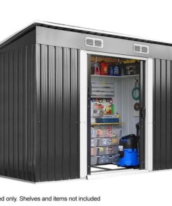 PLANTCRAFT Galvanised Steel Garden Shed 2.38 x 1.31 x 1.82m, with 2 Sliding Doors, 2 Air Vents, Skillion Roof, Floor Frame