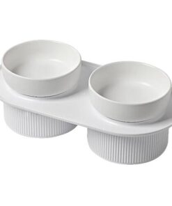 Ribbed Ceramic Double Pet Bowl 3pc Set - White