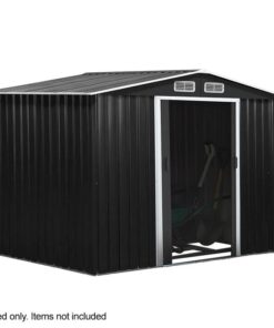 PLANTCRAFT Galvanised Steel Garden Shed 2.58 x 3.13 x 2.02m, with 2 Sliding Doors, 4 Air Vents, Gable Roof, Floor Frame