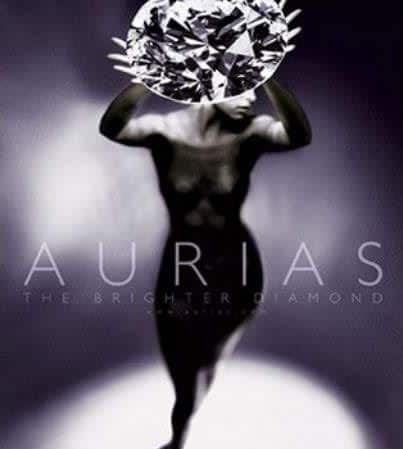 Diamond woman holding a large diamond over her head, black and white image.