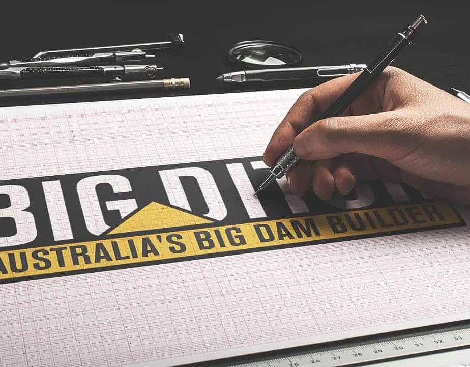 Big Ditch logo on construction plan for dam building project.
