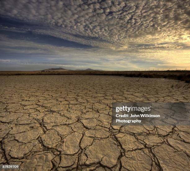 Drought-affected dry riverbed with cracked earth and a dramatic sunset sky.