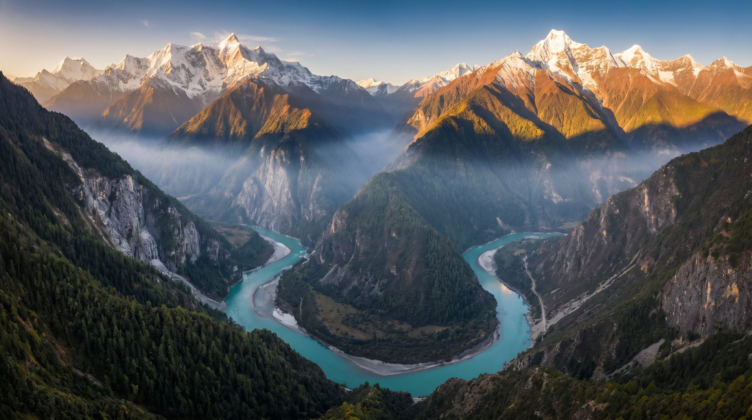 Aerial view of the Yarlung Tsangpo Grand Canyon and the Great Bend around Mount Namcha Barwa in Tibet — site of China's Medog Hydropower Station.