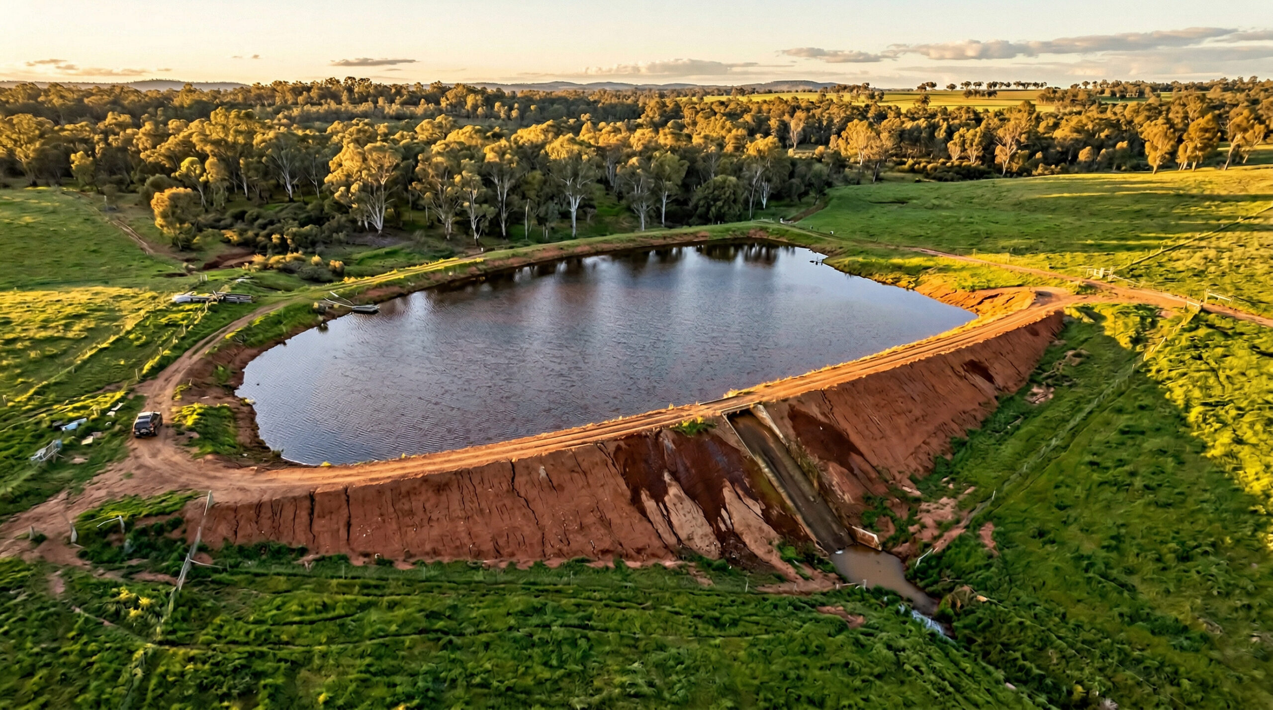 Aerial view of a leaking Australian farm dam with visible seepage on the downstream wall