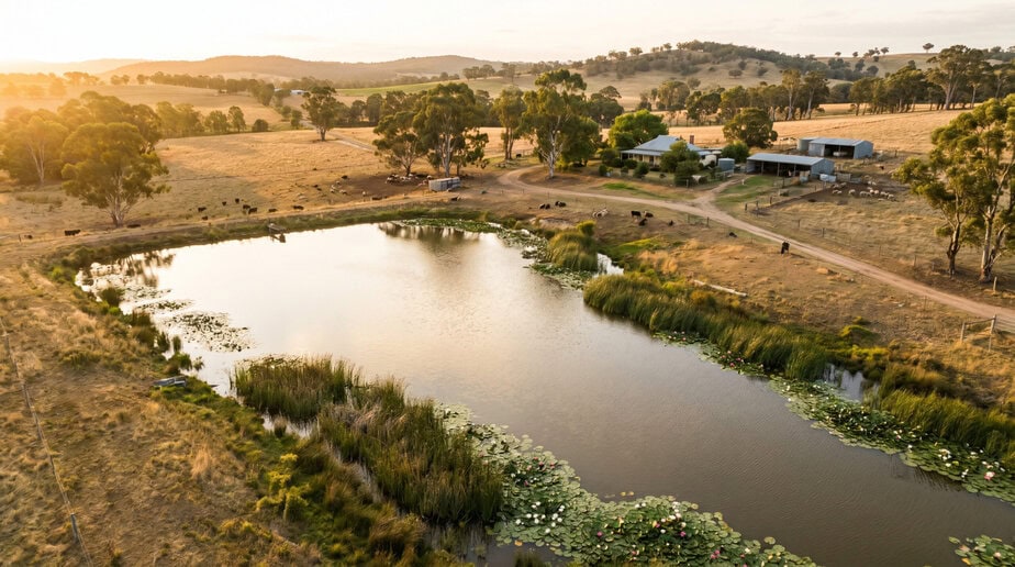 Aquatecture pond design with natural surroundings and lush greenery.