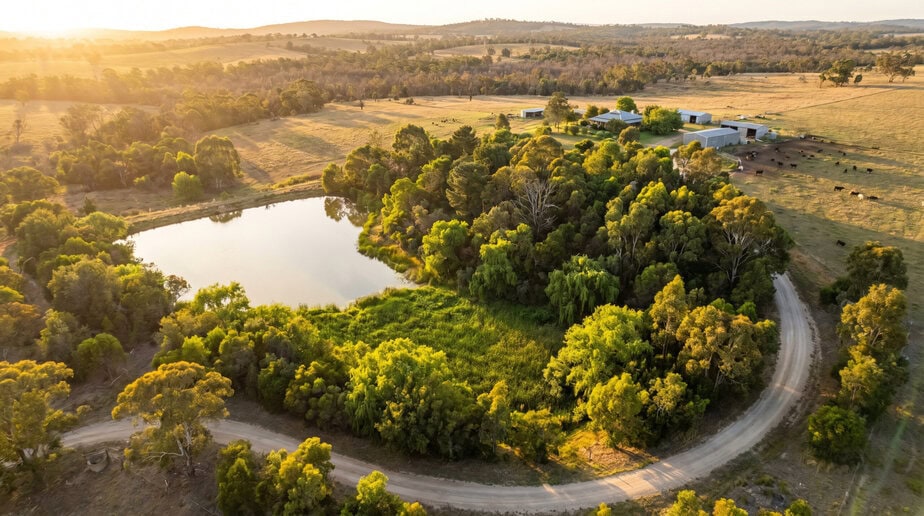 Aerial view of lush greenery and water features at Big Ditch Aquatecture.