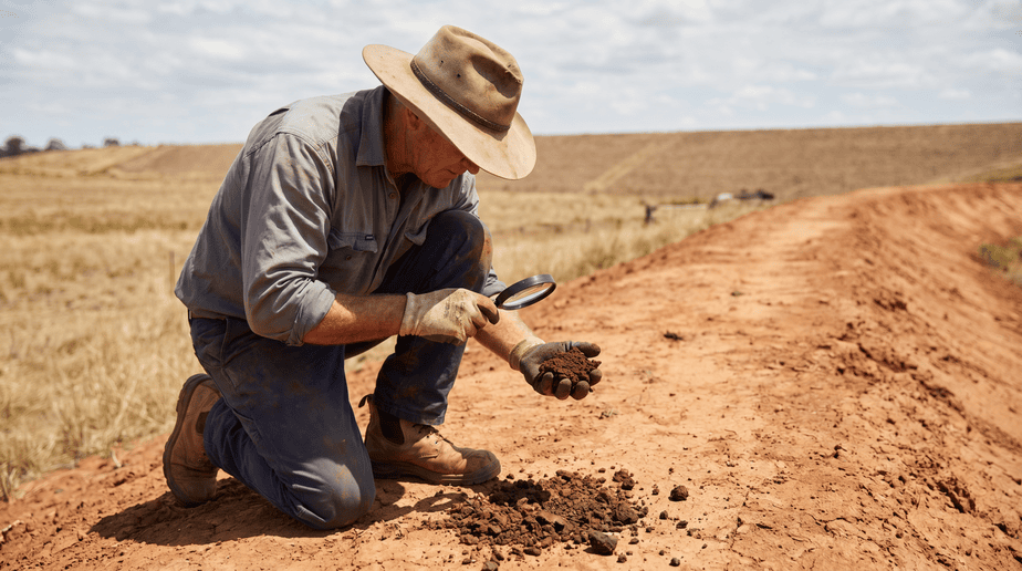 Man examining soil in a rural landscape with a magnifying glass.