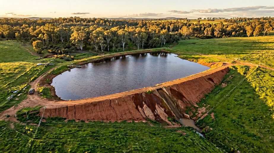 Aquatecture dam and water reservoir in natural landscape.