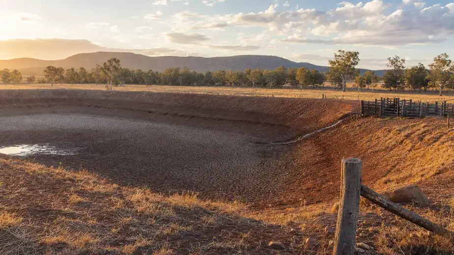 Partially drained Queensland farm dam at golden hour with cracked clay base and seepage trail down the earth wall — how to fix a leaking dam