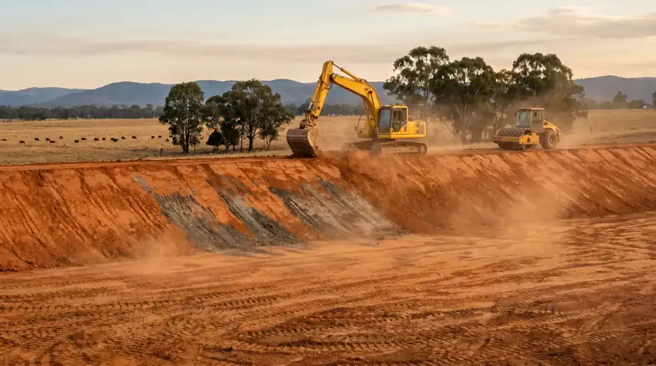 Excavator working on large-scale aquatecture project at sunset.