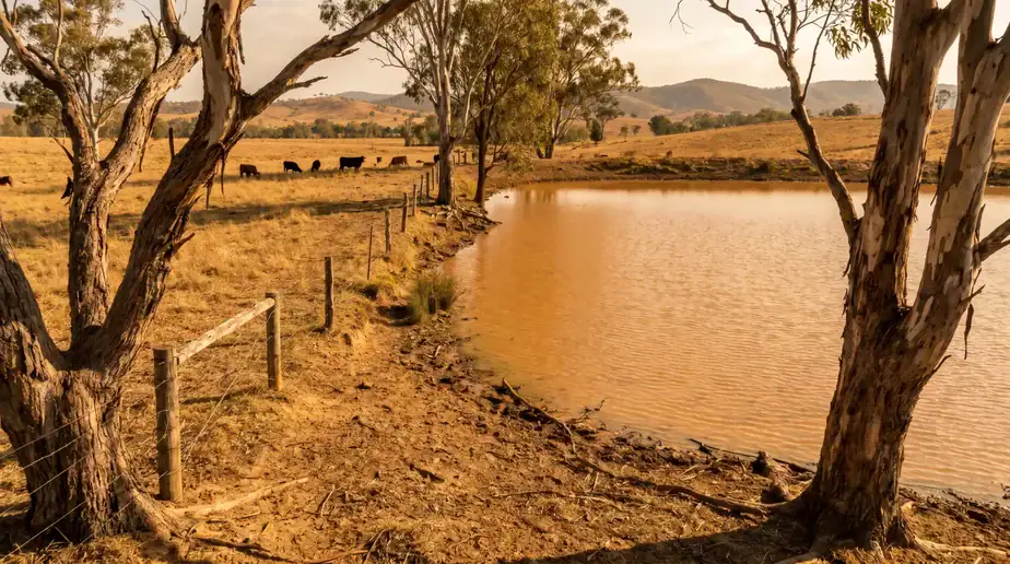 Serene water body with trees and cattle in a rural landscape.