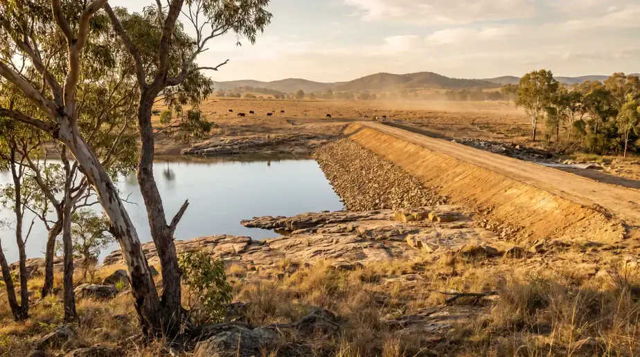 A scenic view of Big Ditch Aquatecture with water, trees, and distant hills.