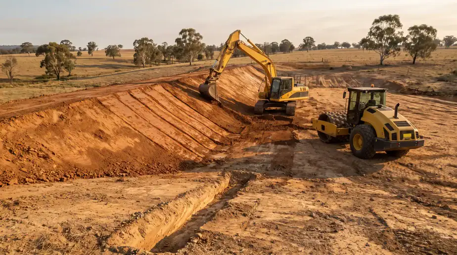 How Long Does It Take to Build a Farm Dam? Real Timelines | Big Ditch 3 Excavator and bulldozer working on a large water feature project.