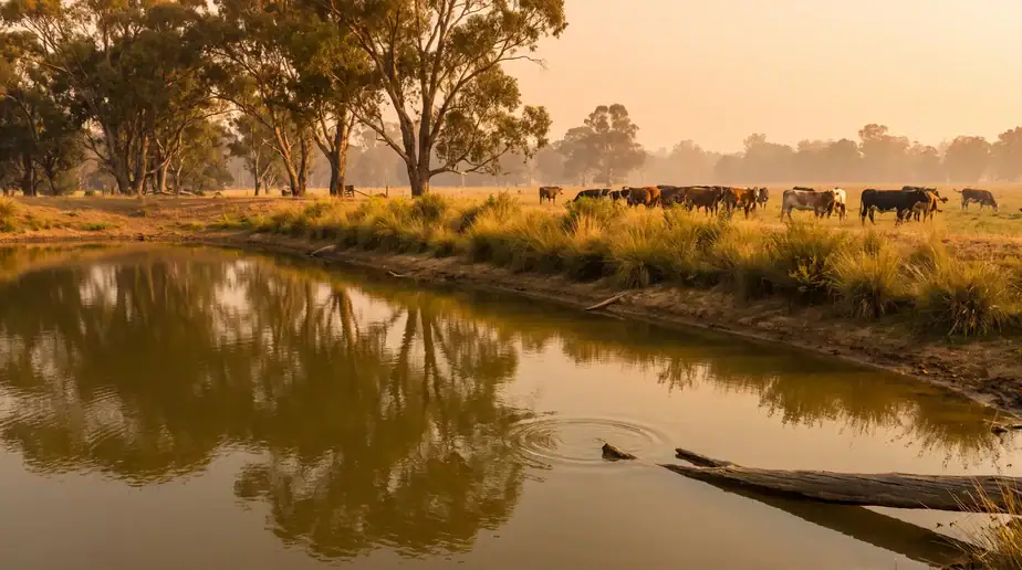 Serene river scene with grazing cattle and trees at sunset.