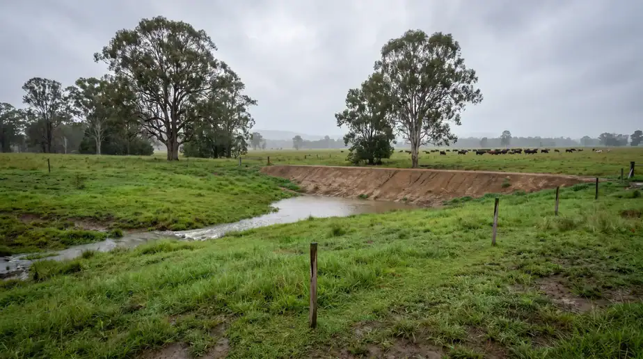 Natural landscape with a water ditch and green fields under cloudy sky.