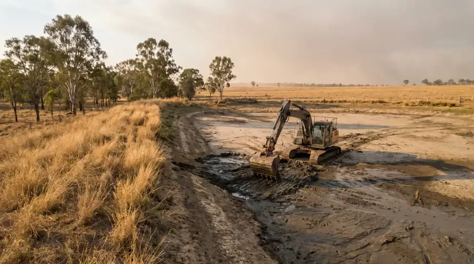 Excavator working on water feature construction in a rural landscape.