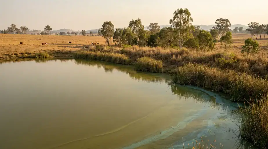 Serene water body with surrounding natural landscape and trees.
