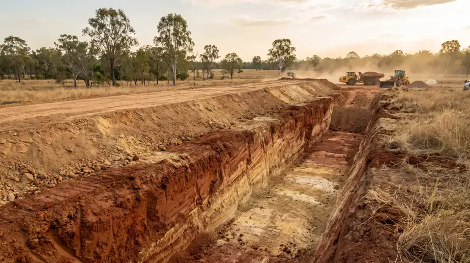 Excavation site for Big Ditch Aquatecture project with heavy machinery.