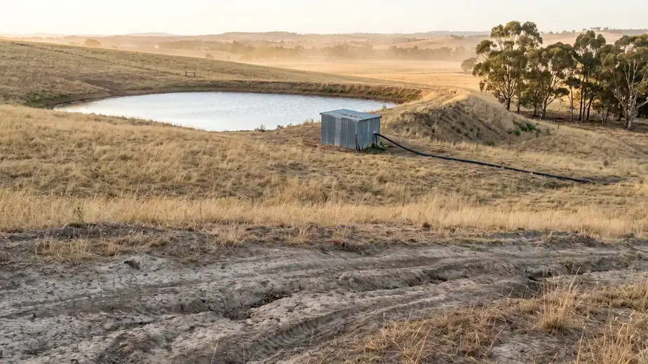Farm dam hydro power concept showing a rural Australian reservoir, small shed and pipe across a dry paddock.
