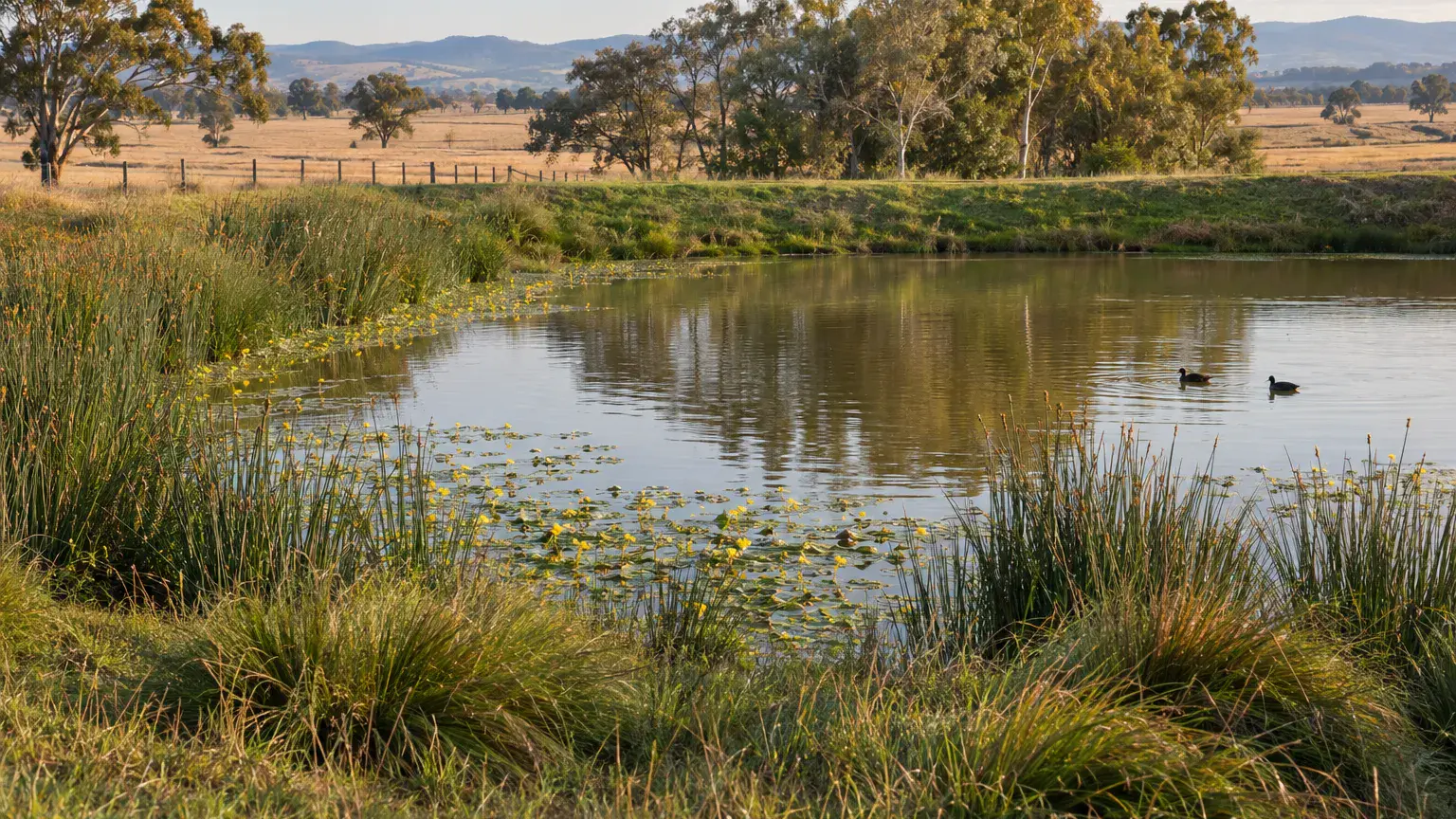Native rushes, sedges and flowering marshworts fringing a farm dam, showing dam plants zoned from water to bank