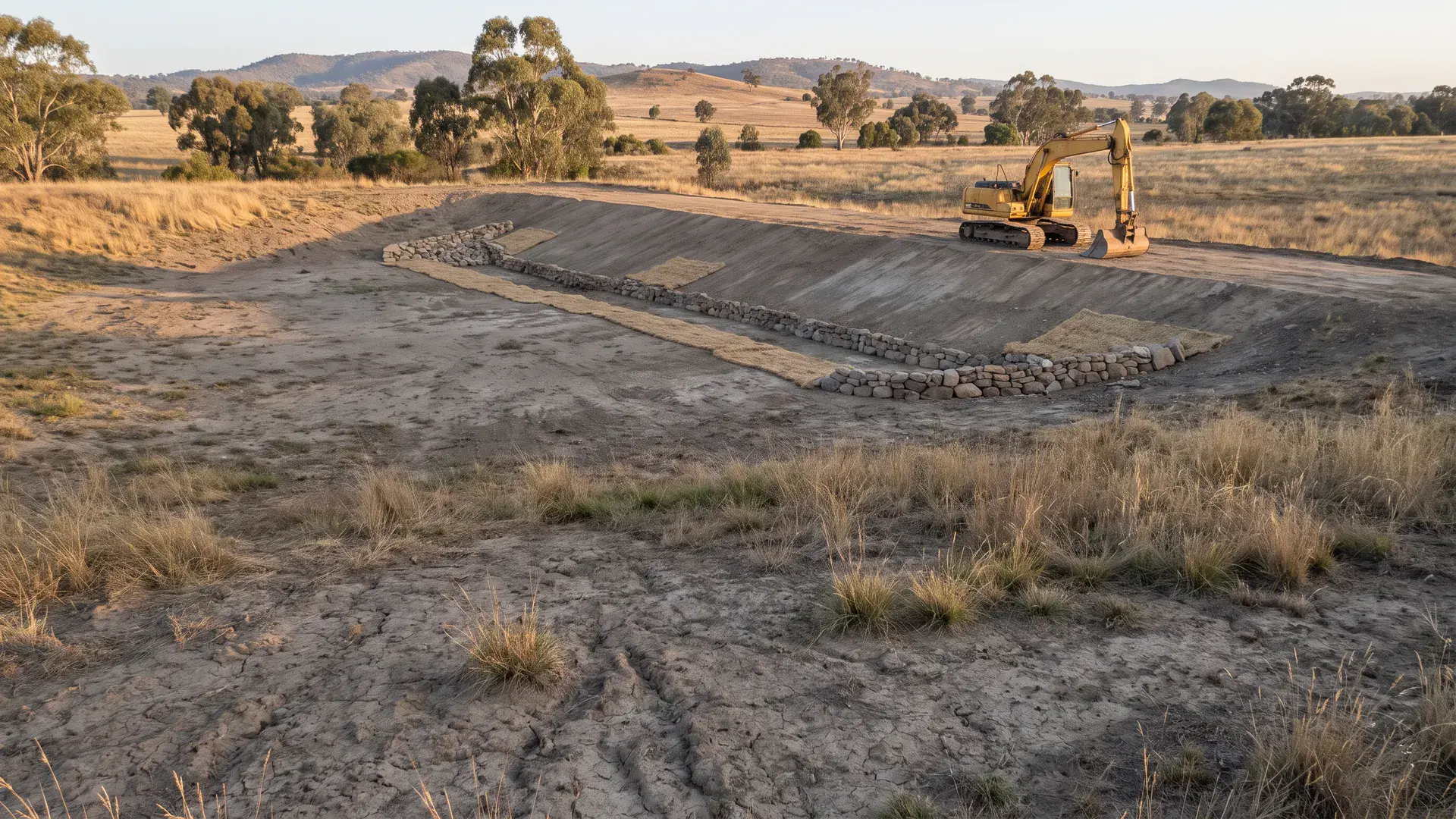 Excavator and rehabilitated rural basin illustrating decommissioning a dam in an Australian paddock