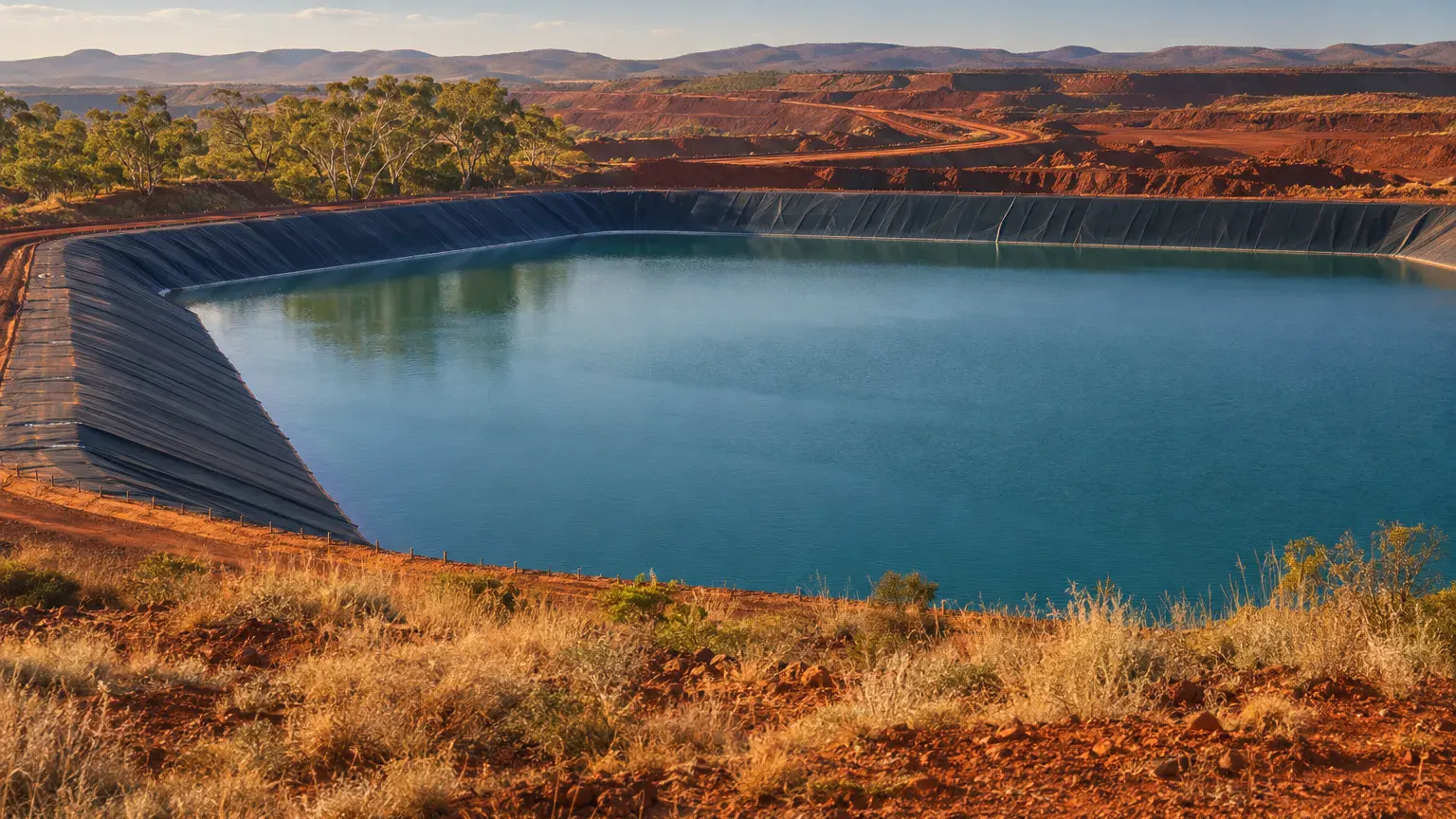 Lined process water dam at a Pilbara iron ore mine, where evaporation in mining drains site water