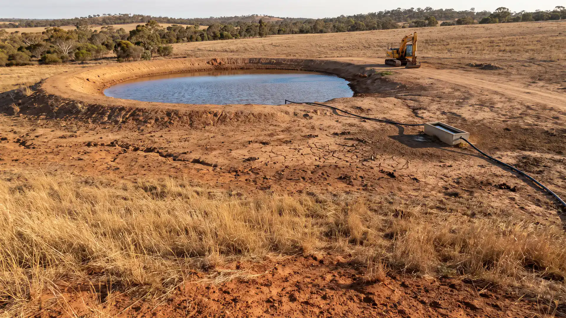 Australian dam, trough and pipework illustrating the infrastructure farm dam grants finance