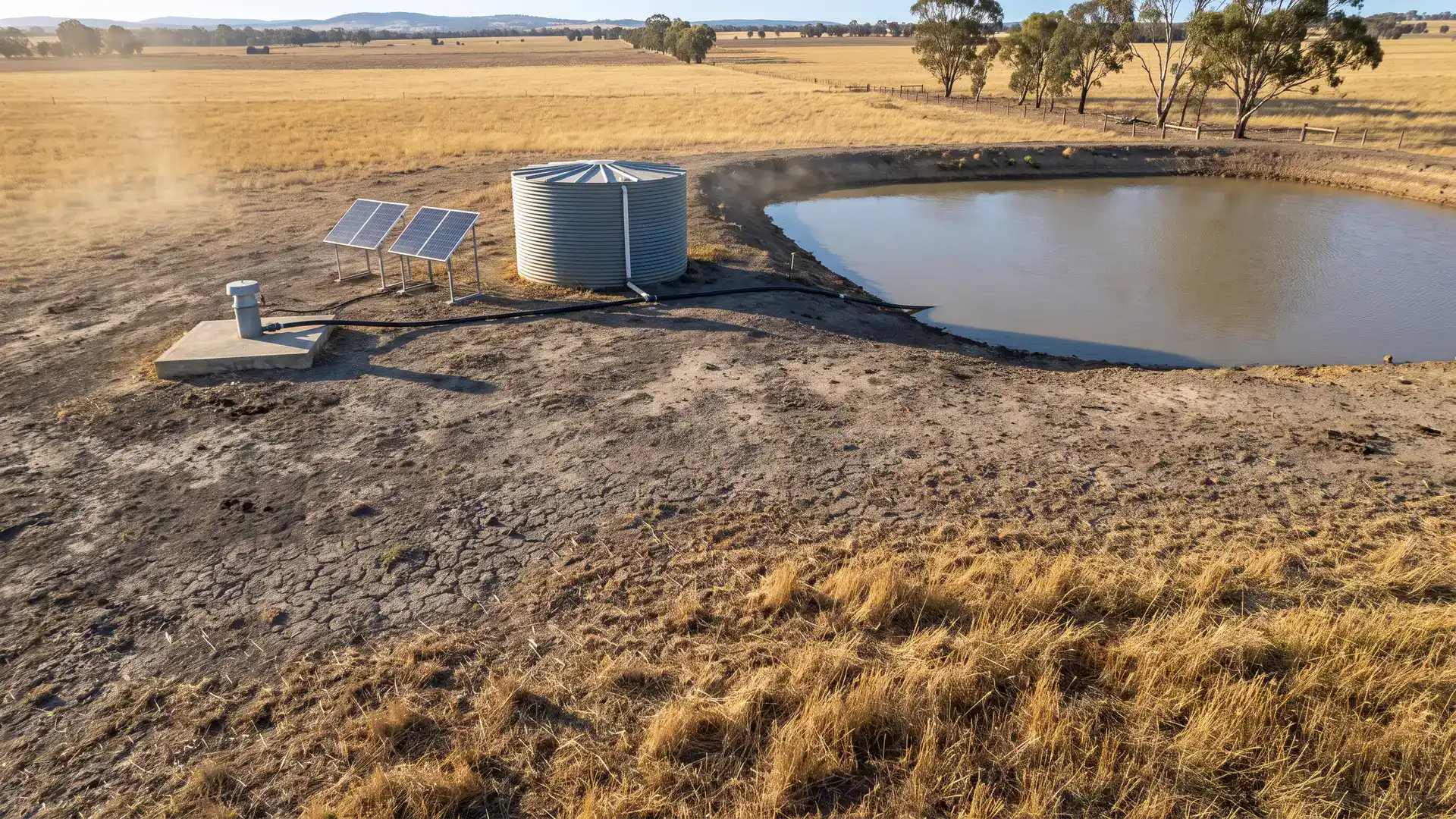 Solar-powered bore, storage tank and dam illustrating a bore vs farm dam comparison on Australian farmland