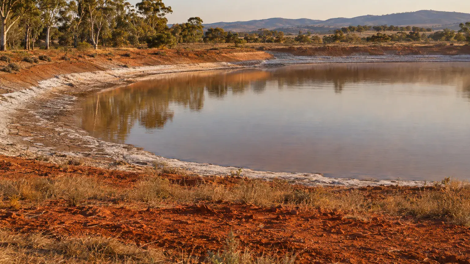 Shallow farm dam with salt crust on the banks, illustrating what evaporation does to stored water