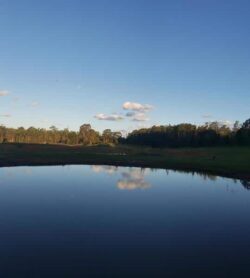 Dam construction site with water reservoir and surrounding landscape for Big Ditch Dam Building Company.