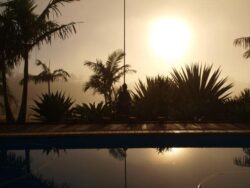 Heavy machinery working on dam construction in tropical landscape at sunset, Big Ditch Dam Building Company.
