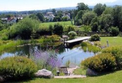 Lush garden with pond and bridge, expert dam building services by Big Ditch Dam Company.