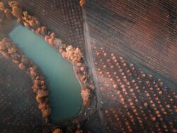 Aerial view of dam construction site with surrounding trees and landscape, showcasing Big Ditch Dam Building company's expertise.